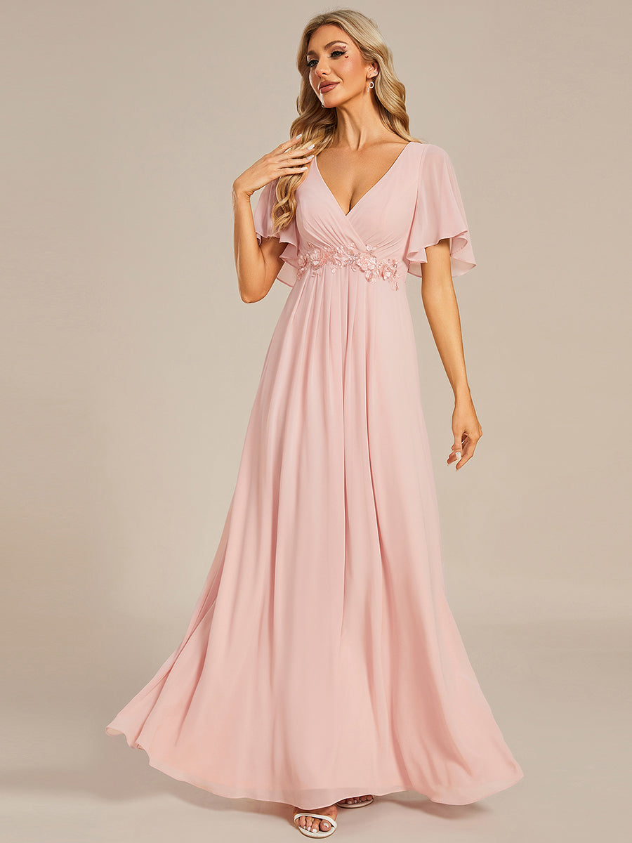 Color=Pink | Wholesale Pricing Short Sleeve Ruffle Appliques Deep V-Neck A-Line Floor Length Evening Dresses-Pink 79