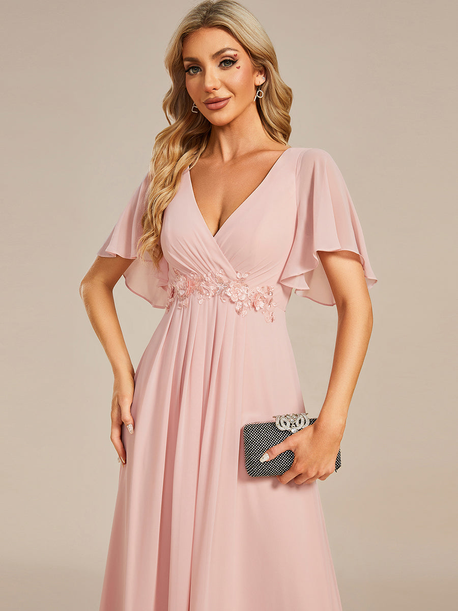 Color=Pink | Wholesale Pricing Short Sleeve Ruffle Appliques Deep V-Neck A-Line Floor Length Evening Dresses-Pink 78