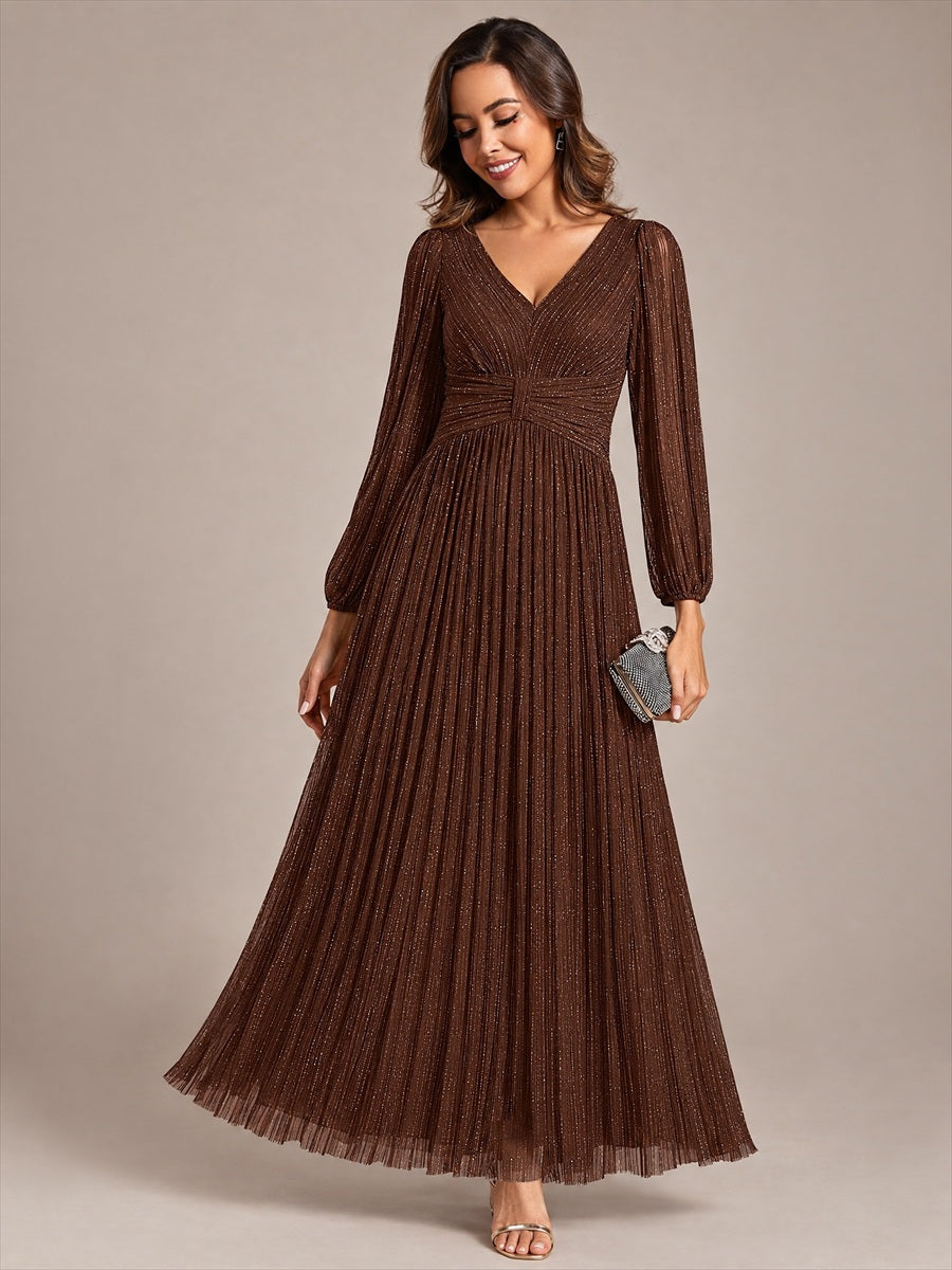 Color=Chocolate Brown | Maxi Long Chiffon Waist  V Neck Wholesale Evening Dress with Long Sleeves-Chocolate Brown 1