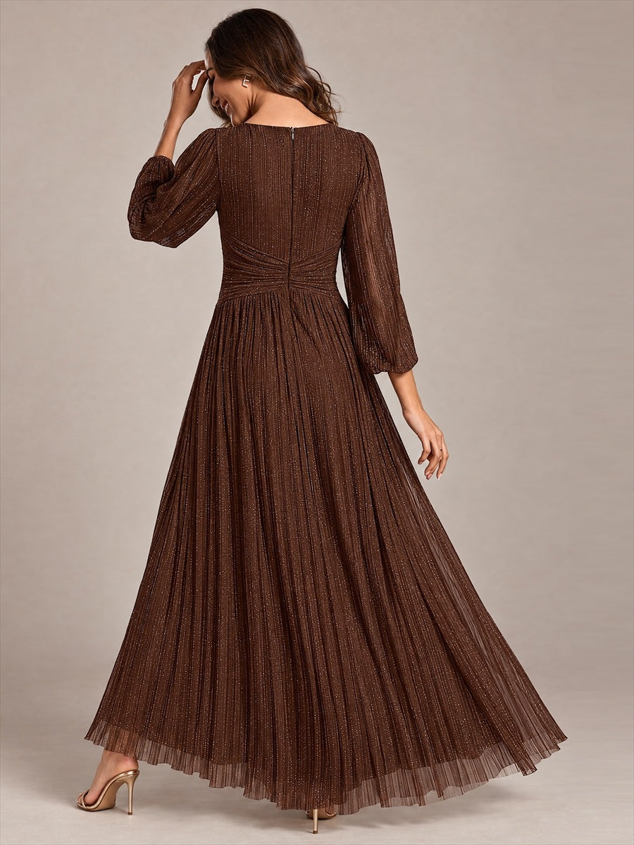 Color=Chocolate Brown | Maxi Long Chiffon Waist  V Neck Wholesale Evening Dress with Long Sleeves-Chocolate Brown 2
