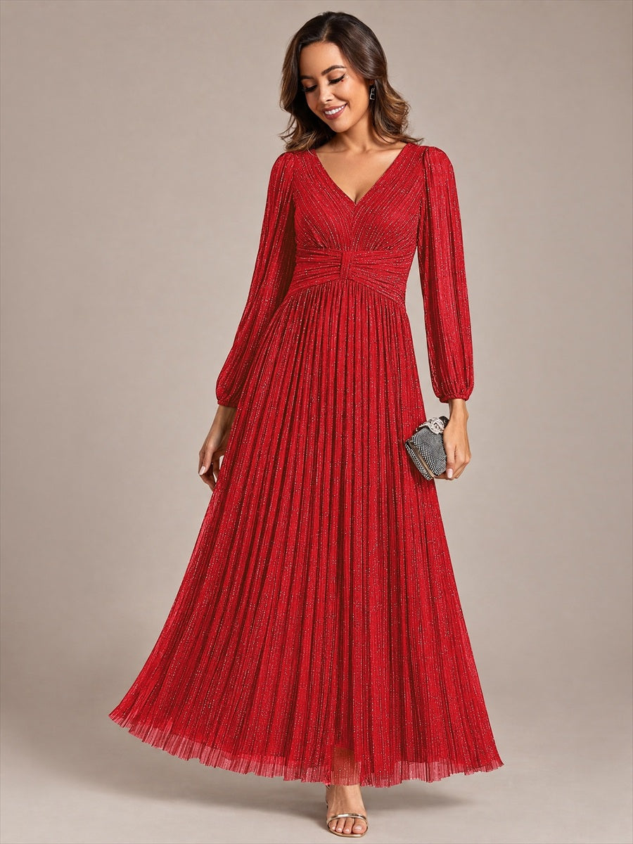 Color=Red | EE01963RD | Maxi Long Chiffon Waist  V Neck Wholesale Evening Dress with Long Sleeves