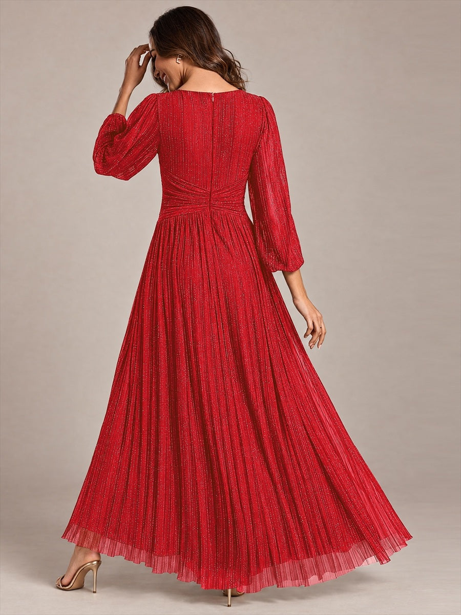 Color=Red | EE01963RD | Maxi Long Chiffon Waist  V Neck Wholesale Evening Dress with Long Sleeves