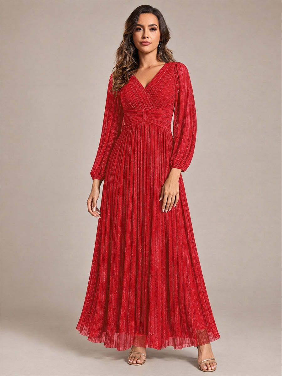 Color=Red | EE01963RD | Maxi Long Chiffon Waist  V Neck Wholesale Evening Dress with Long Sleeves