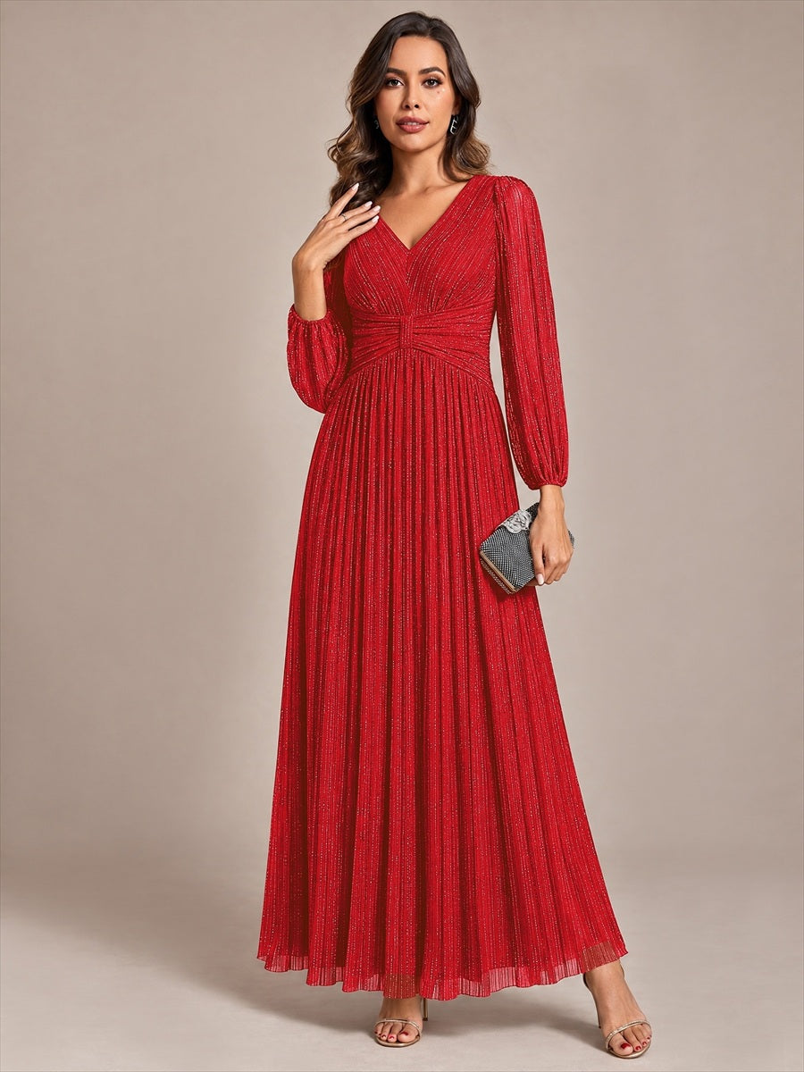 Color=Red | EE01963RD | Maxi Long Chiffon Waist  V Neck Wholesale Evening Dress with Long Sleeves