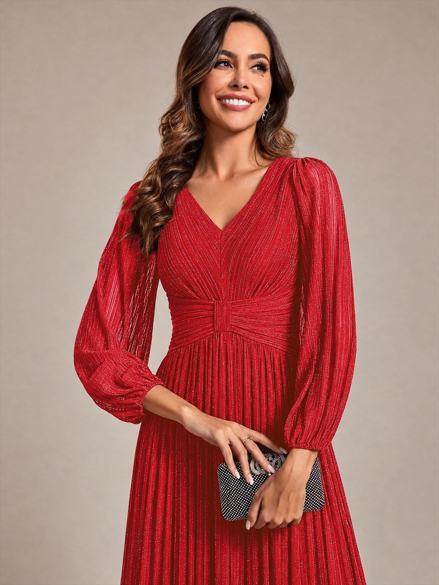 Color=Red | EE01963RD | Maxi Long Chiffon Waist  V Neck Wholesale Evening Dress with Long Sleeves