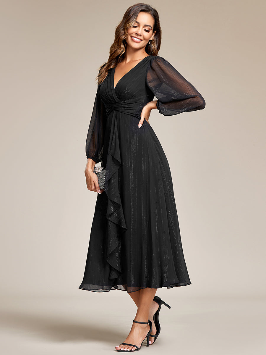 Color=Black | Shiny Chiffon Wholesale Wedding Guest Dresses with Long Sleeve-Black 4