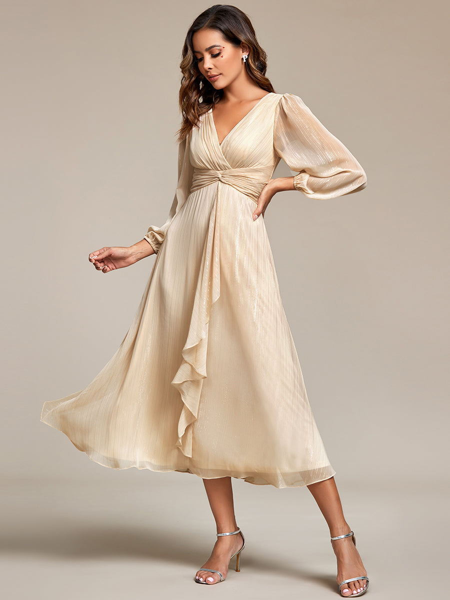 Color=Charcoal | Shiny Chiffon Wholesale Wedding Guest Dresses with Long Sleeve-Charcoal 1