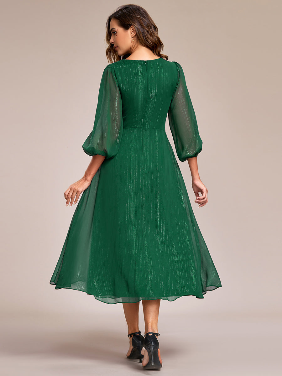 Color=Dark Green | Shiny Chiffon Wholesale Wedding Guest Dresses with Long Sleeve-Dark Green 2