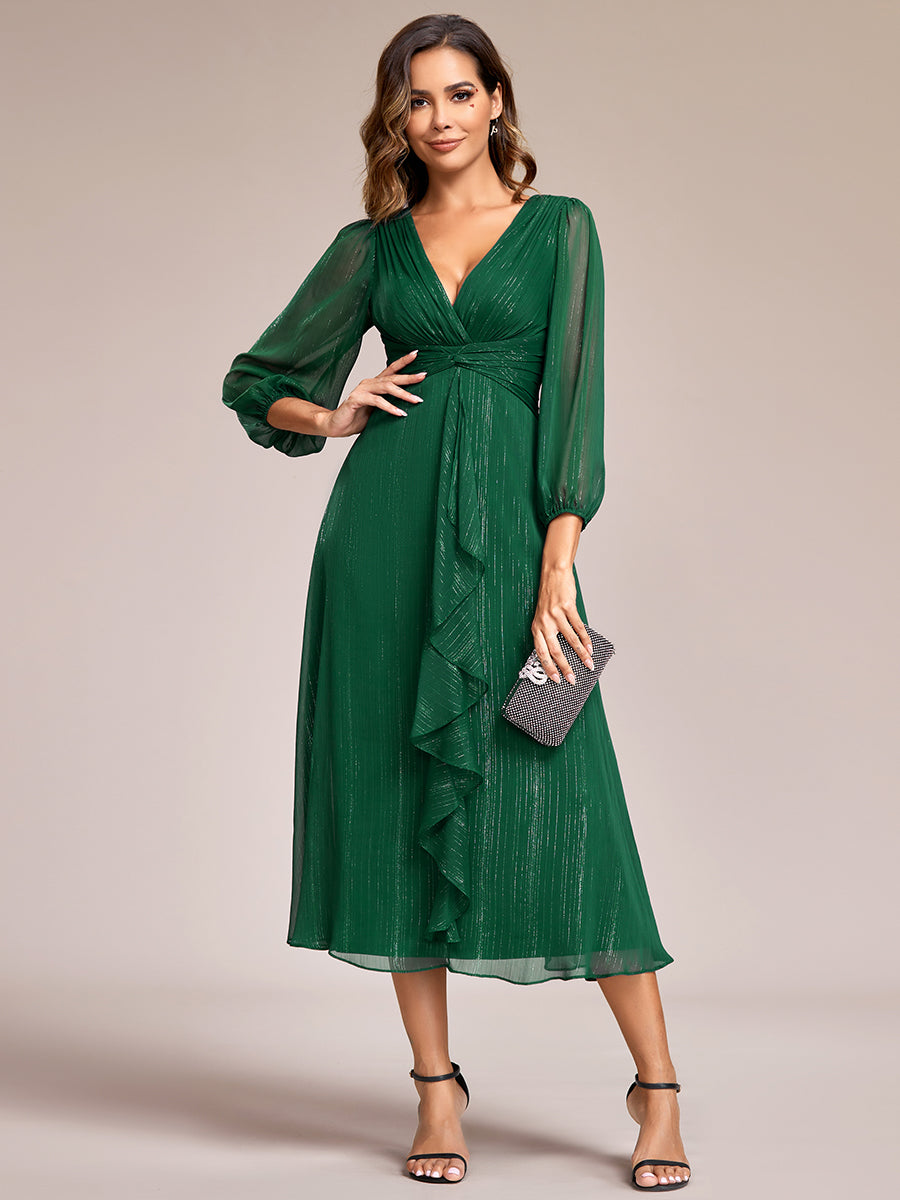 Color=Dark Green | Shiny Chiffon Wholesale Wedding Guest Dresses with Long Sleeve-Dark Green 4