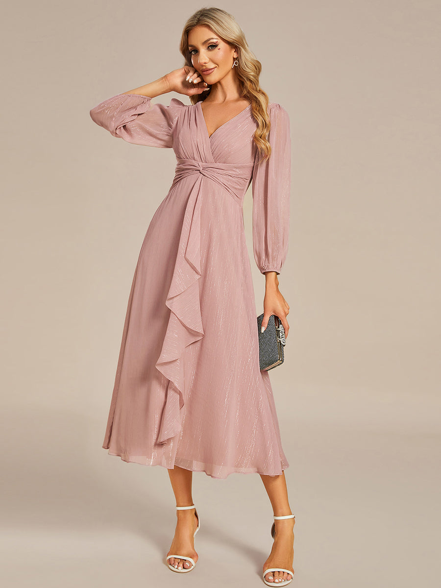 Color=Dusty Rose | Shiny Chiffon Wholesale Wedding Guest Dresses with Long Sleeve-Dusty Rose 4