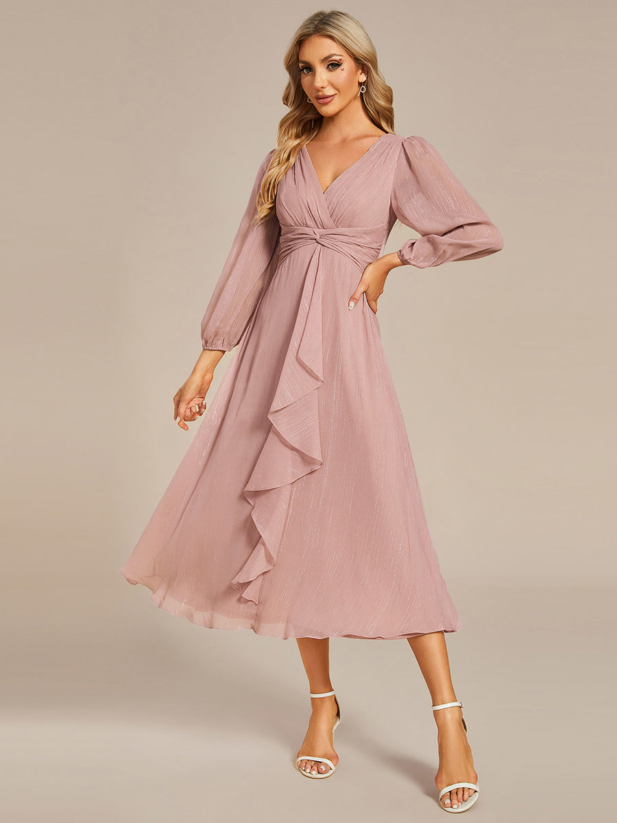 Color=Dusty Rose | Shiny Chiffon Wholesale Wedding Guest Dresses with Long Sleeve-Dusty Rose 1
