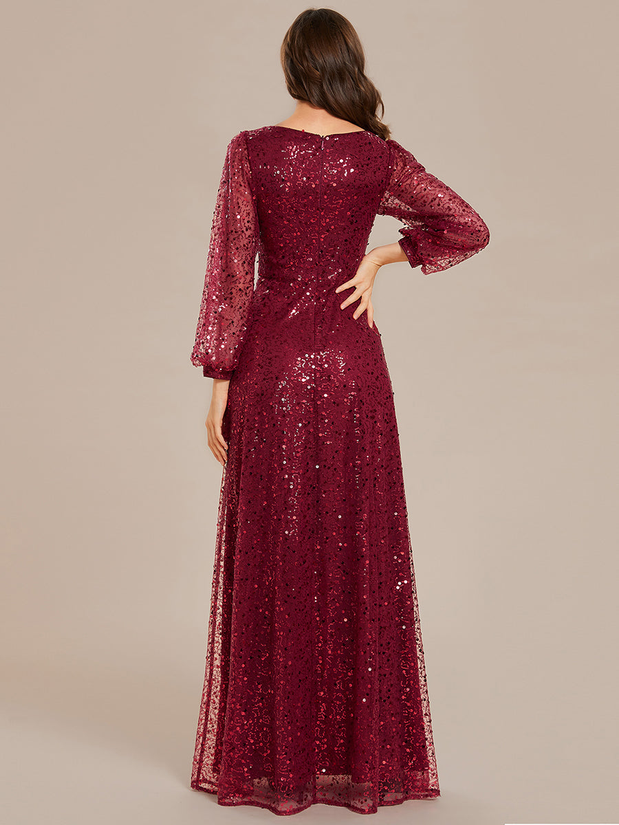 Color=Burgundy | Elegant waisted chiffon V-neck long sleeve guest dress wholesale-Burgundy 2