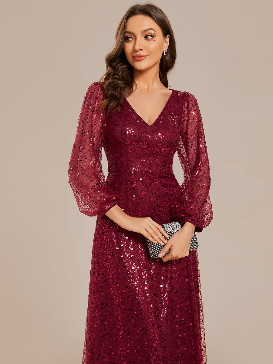 Color=Burgundy | Elegant waisted chiffon V-neck long sleeve guest dress wholesale-Burgundy 5
