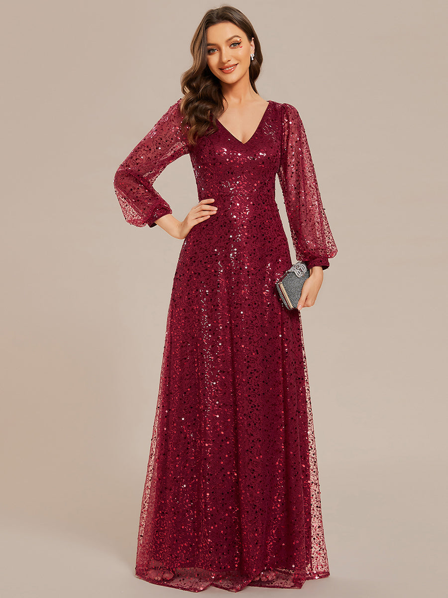 Color=Burgundy | Elegant waisted chiffon V-neck long sleeve guest dress wholesale-Burgundy 1