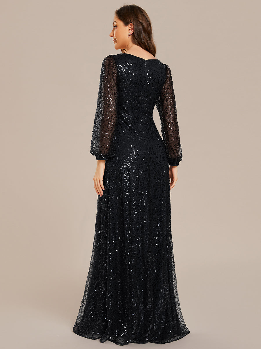 Color=Black | Elegant waisted chiffon V-neck long sleeve guest dress wholesale-Black 2