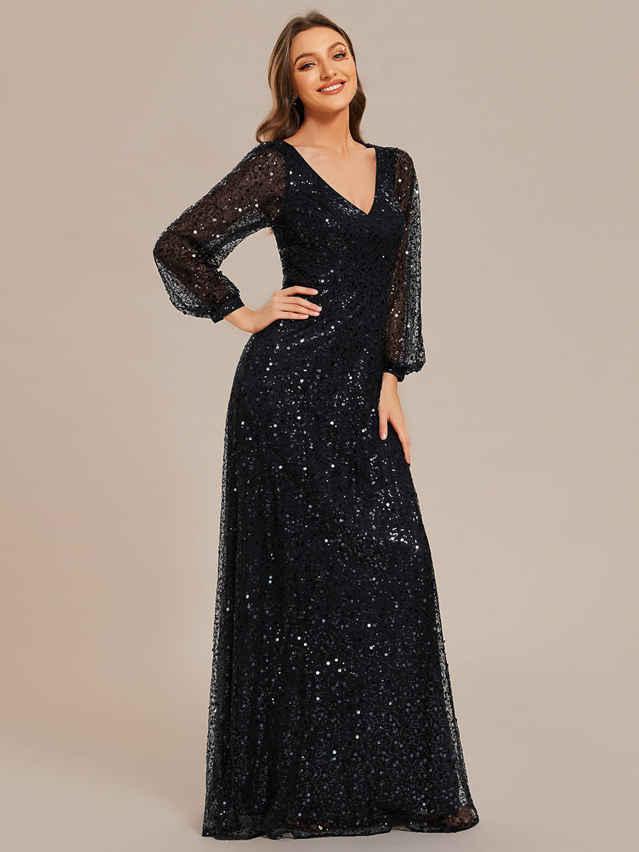 Color=Black | Elegant waisted chiffon V-neck long sleeve guest dress wholesale-Black 3