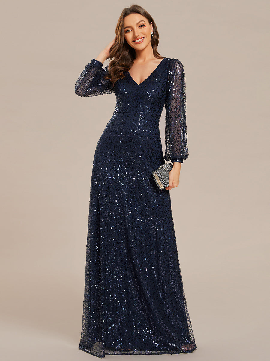 Color=Navy Blue | Elegant waisted chiffon V-neck long sleeve guest dress wholesale-Navy Blue 4