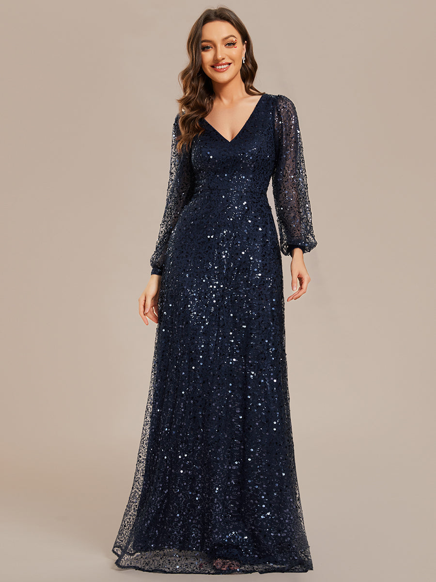 Color=Navy Blue | Elegant waisted chiffon V-neck long sleeve guest dress wholesale-Navy Blue 1