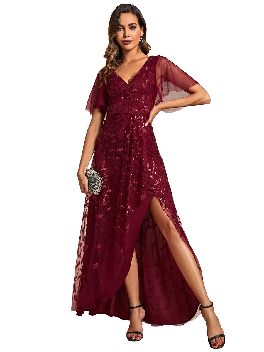 Color=Burgundy|Sequin Mesh High Low V-Neck Midi Evening Dress With Short Sleeves (Old SKU EE02083)-Burgundy 2