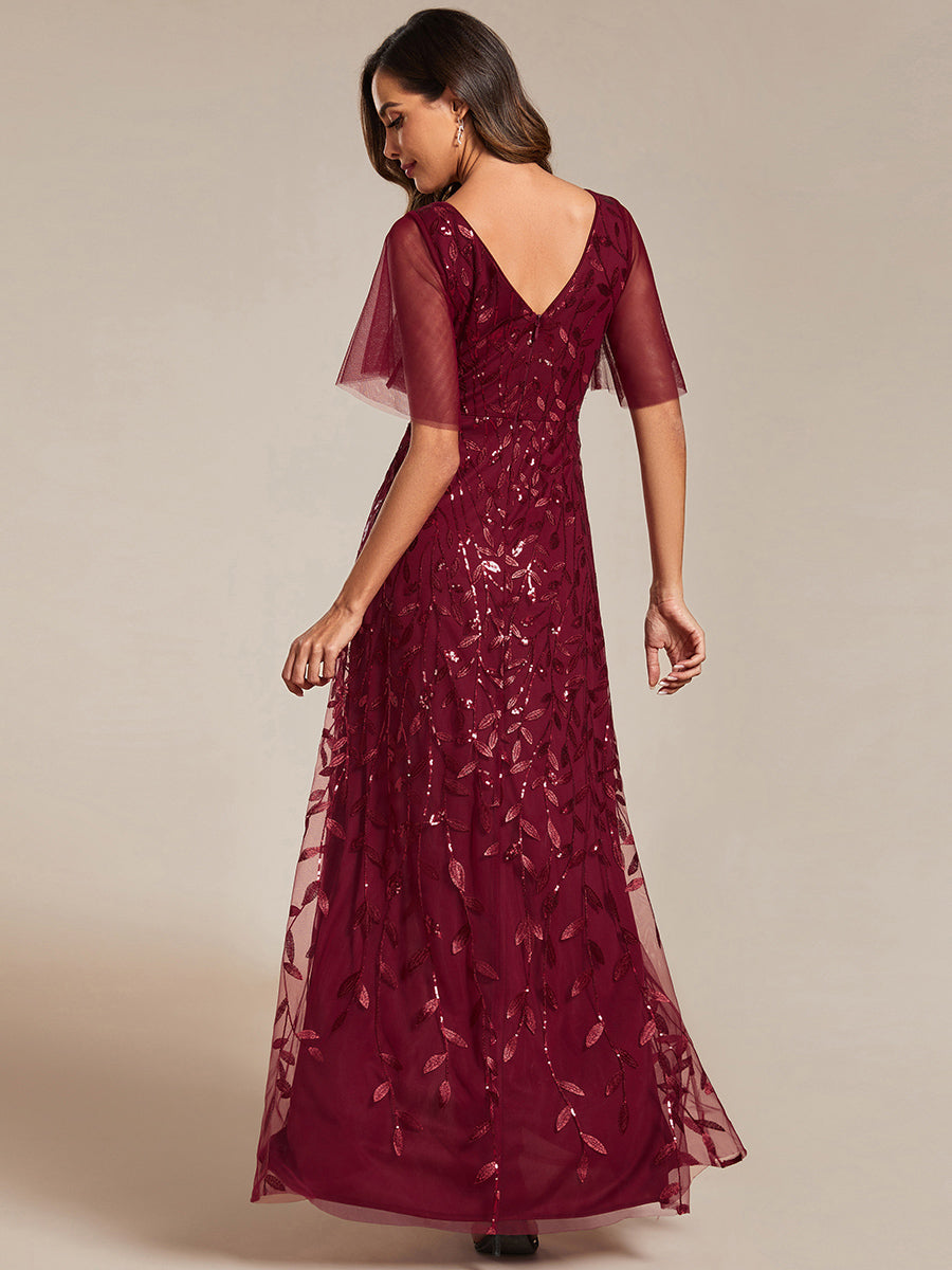 Color=Burgundy|Sequin Mesh High Low V-Neck Midi Evening Dress With Short Sleeves (Old SKU EE02083)-Burgundy 3
