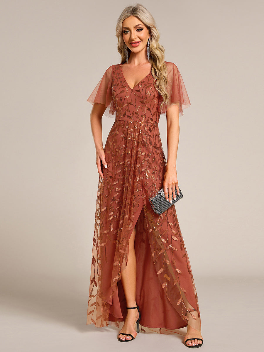 Color=Burnt Orange | Sequin Mesh High Low V-Neck Midi Evening Dress With Short Sleeves-Burnt Orange 3