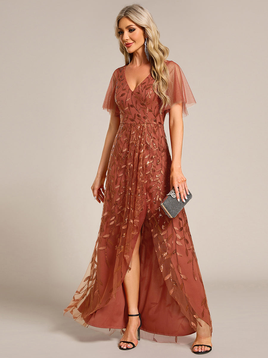 Color=Burnt Orange | Sequin Mesh High Low V-Neck Midi Evening Dress With Short Sleeves-Burnt Orange 4