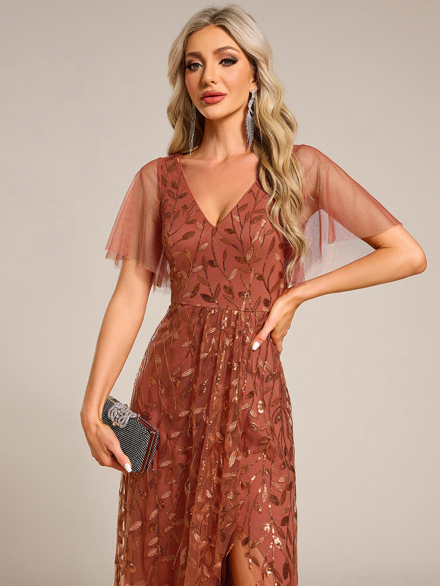 Color=Burnt Orange | Sequin Mesh High Low V-Neck Midi Evening Dress With Short Sleeves-Burnt Orange 5