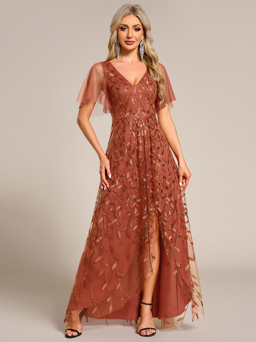 Color=Burnt Orange | Sequin Mesh High Low V-Neck Midi Evening Dress With Short Sleeves-Burnt Orange 1
