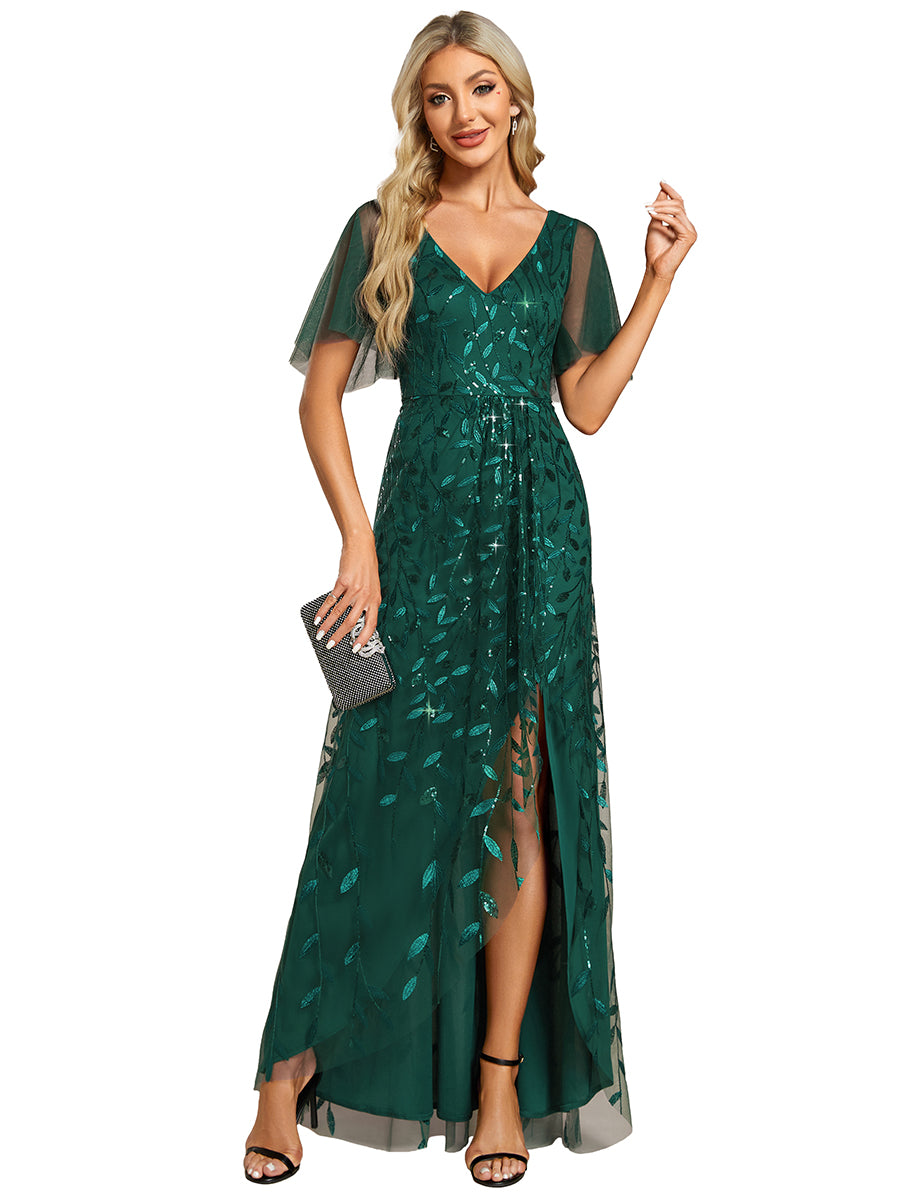 Color=Dark Green|Sequin Mesh High Low V-Neck Midi Evening Dress With Short Sleeves (Old SKU EE02083)-Dark Green 2