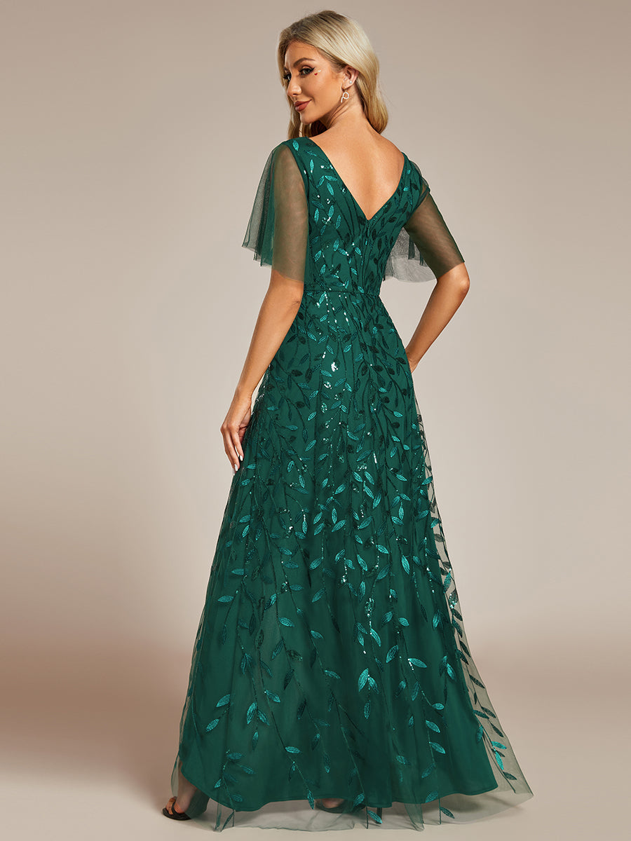 Color=Dark Green|Sequin Mesh High Low V-Neck Midi Evening Dress With Short Sleeves (Old SKU EE02083)-Dark Green 3