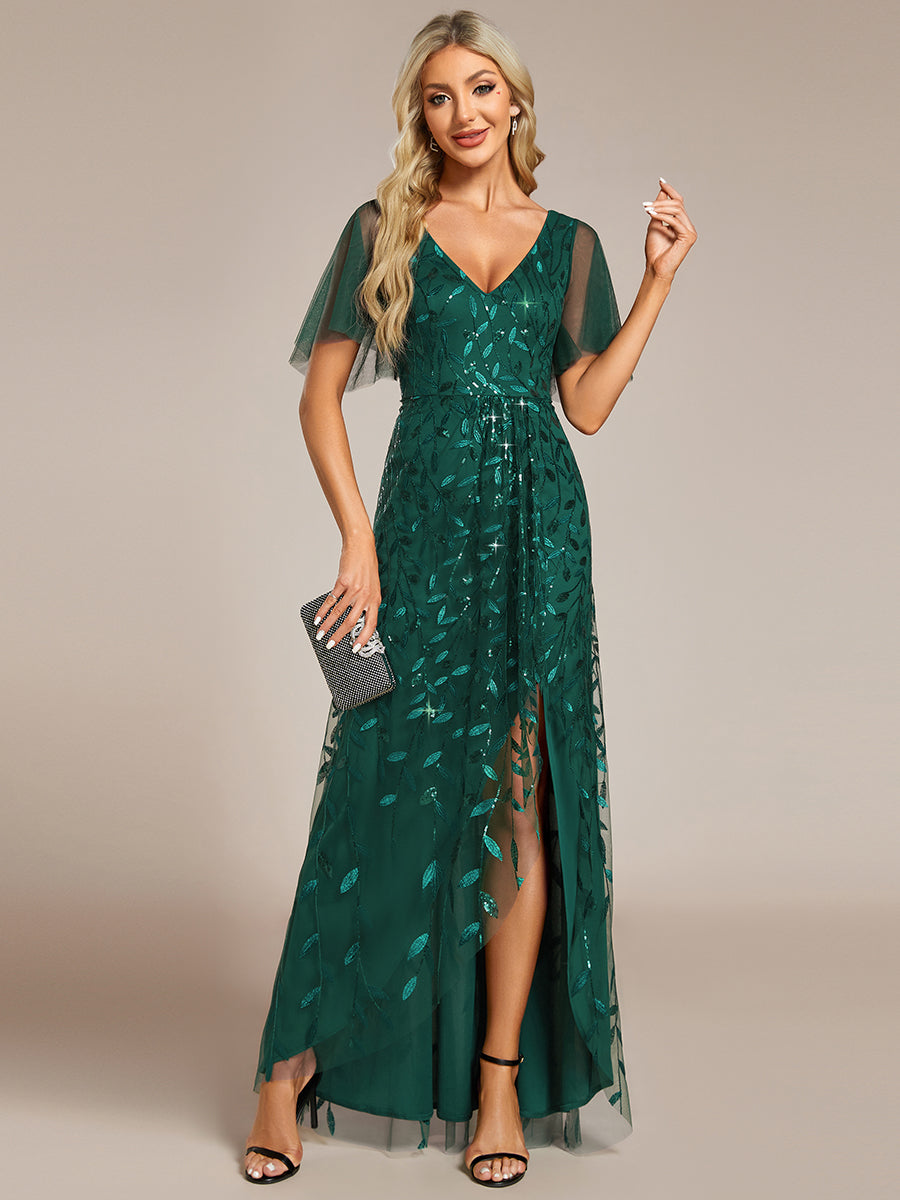 Color=Dark Green|Sequin Mesh High Low V-Neck Midi Evening Dress With Short Sleeves (Old SKU EE02083)-Dark Green