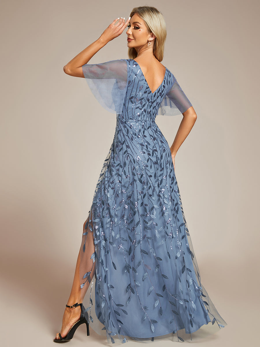 Color=Dusty Bluey| Sequin Mesh High Low V-Neck Midi Evening Dress With Short Sleeves-Dusty Blue 1