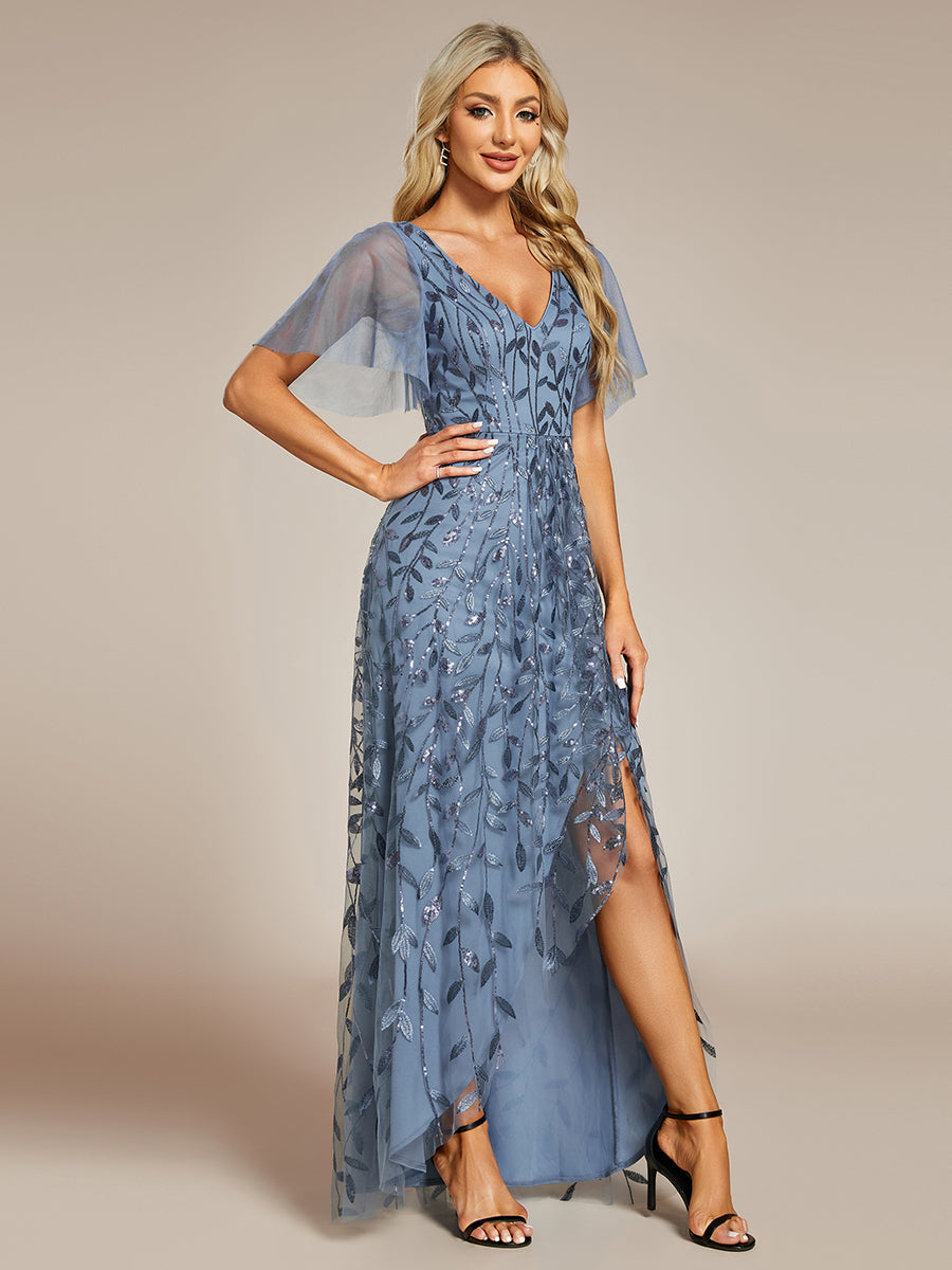 Color=Dusty Bluey| Sequin Mesh High Low V-Neck Midi Evening Dress With Short Sleeves-Dusty Blue 1