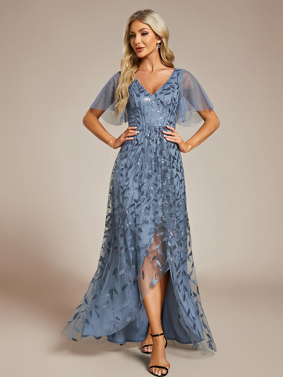 Color=Dusty Navy| Sequin Mesh High Low V-Neck Midi Evening Dress With Short Sleeves-Dusty Navy 1