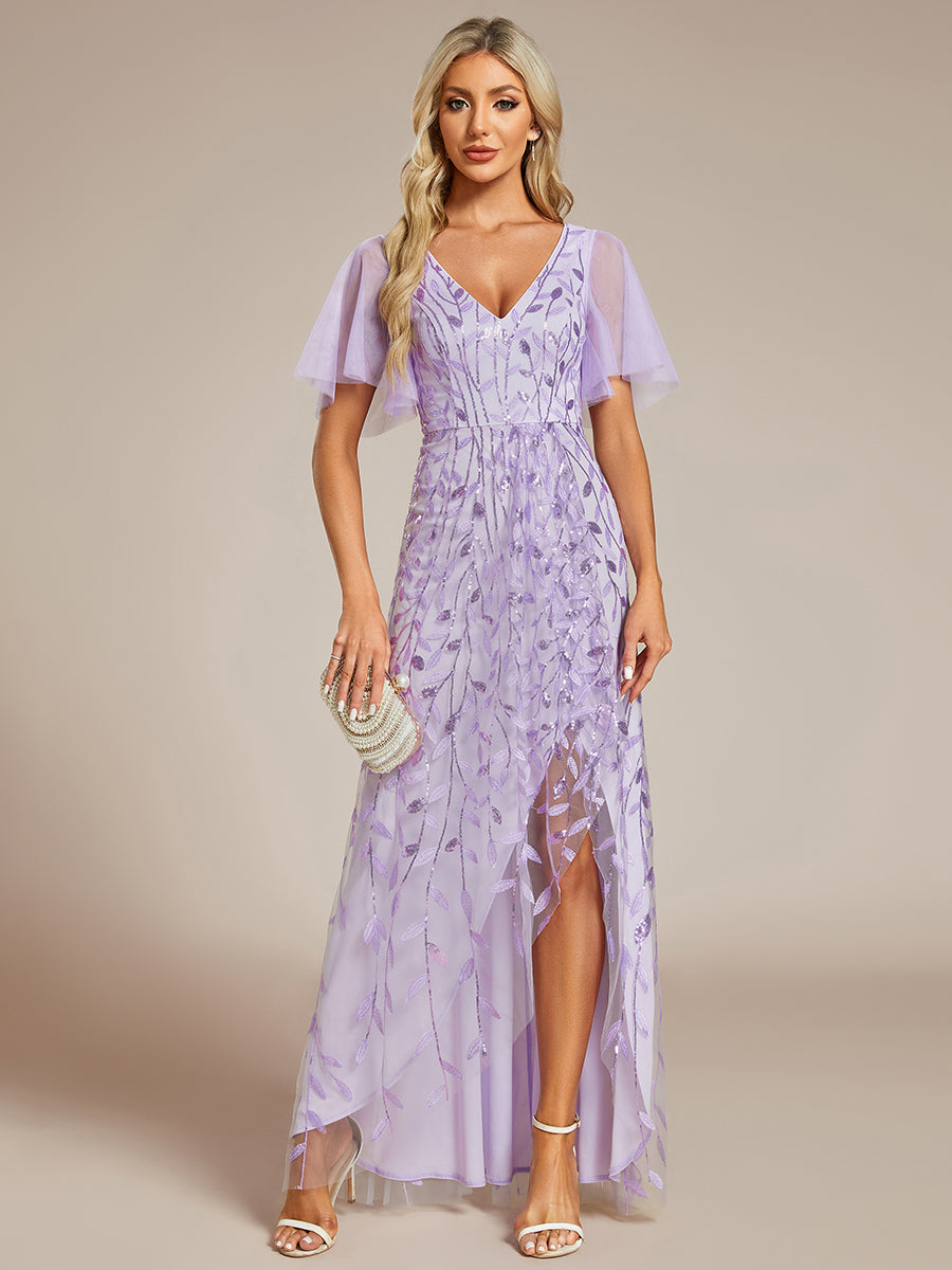 Color=Lavender | Sequin Mesh High Low V-Neck Midi Evening Dress With Short Sleeves-Lavender 1