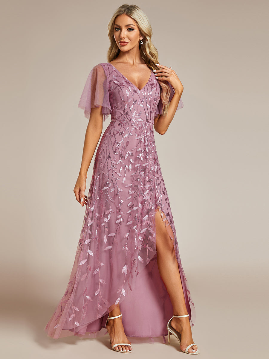 Color=Purple Orchid | Sequin Mesh High Low V-Neck Midi Evening Dress With Short Sleeves-Purple Orchid 4