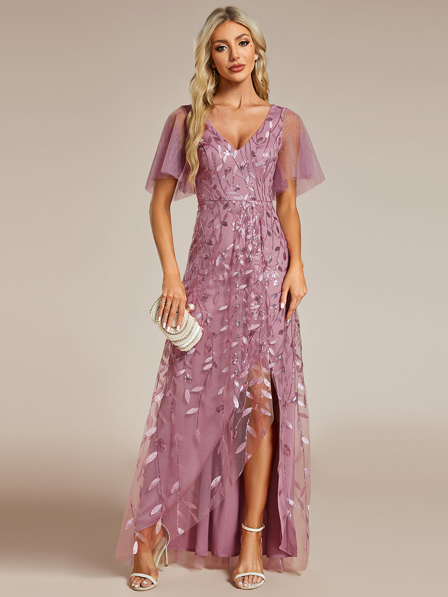 Color=Purple Orchid | Sequin Mesh High Low V-Neck Midi Evening Dress With Short Sleeves-Purple Orchid 1