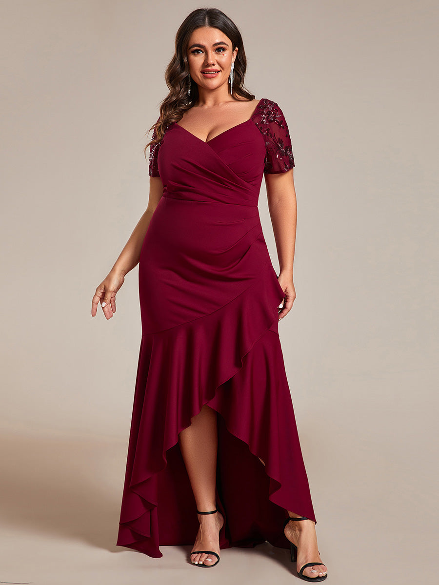 Color=Burgundy | Plus Appliques High Split Fishtail Evening Dress With Short Sleeves-Burgundy 3