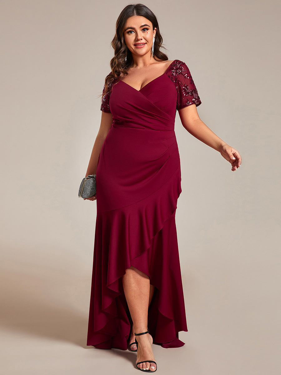 Color=Burgundy | Plus Appliques High Split Fishtail Evening Dress With Short Sleeves-Burgundy 1