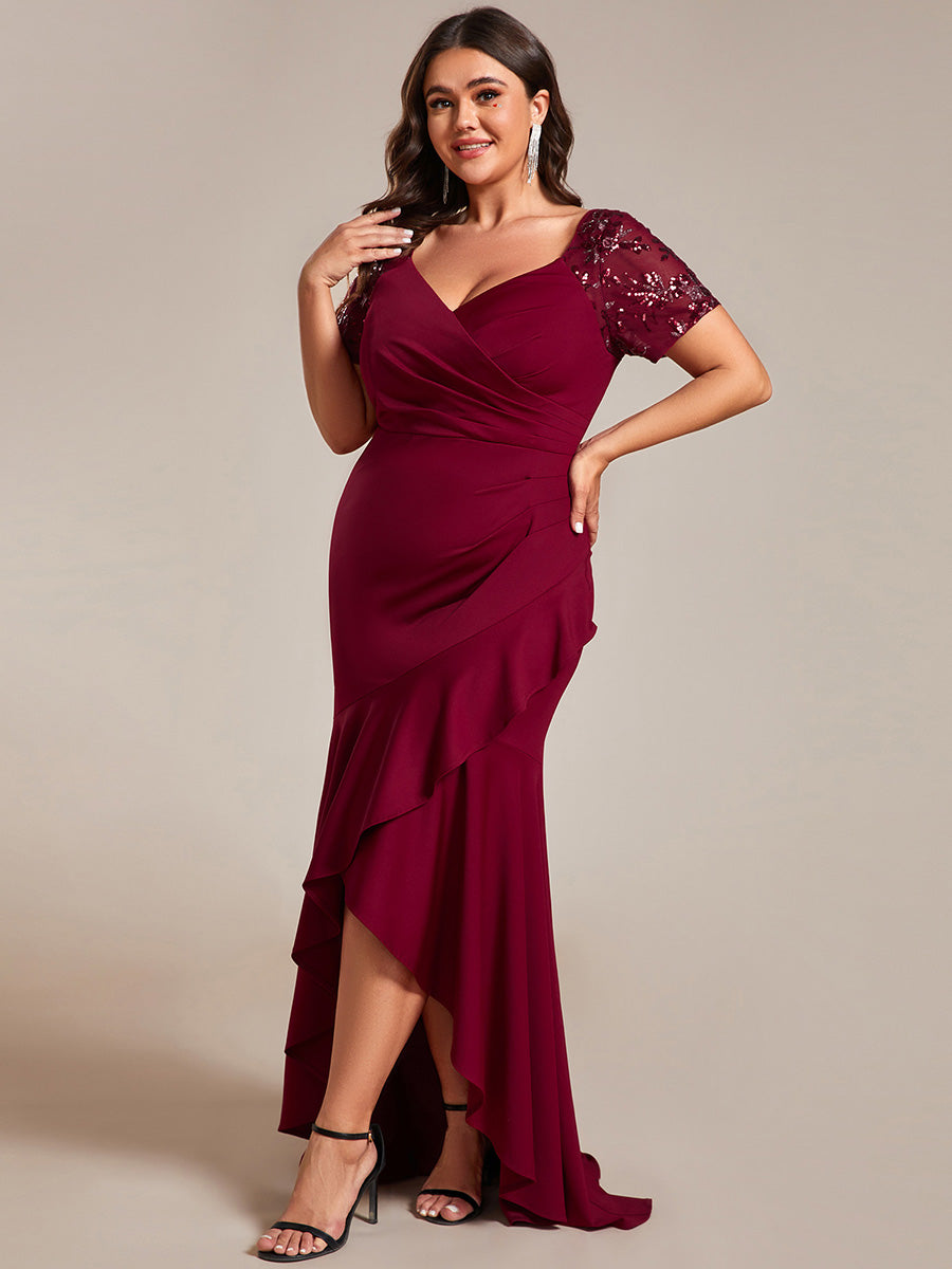 Color=Burgundy | Plus Appliques High Split Fishtail Evening Dress With Short Sleeves-Burgundy 4