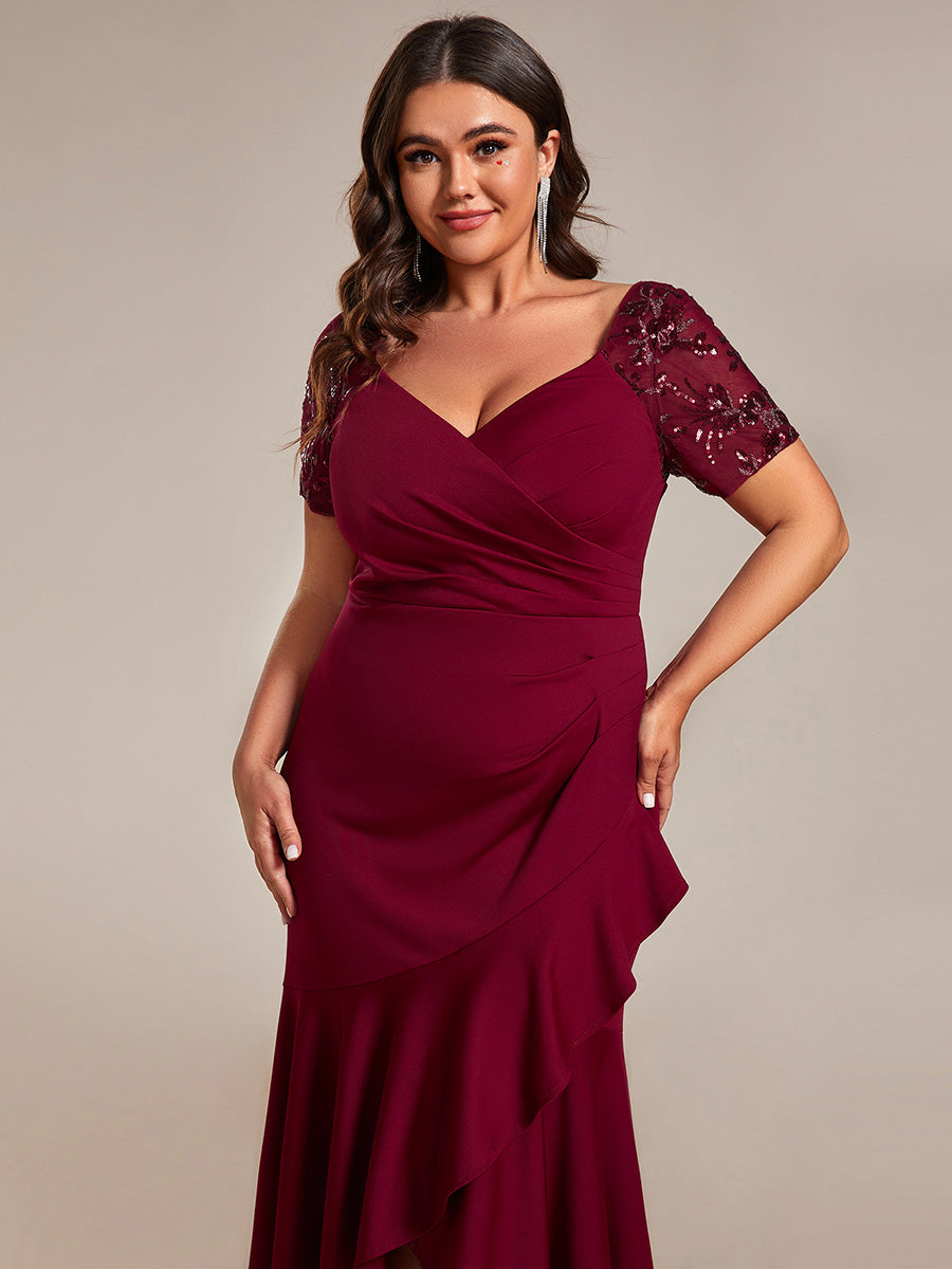 Color=Burgundy | Plus Appliques High Split Fishtail Evening Dress With Short Sleeves-Burgundy 5