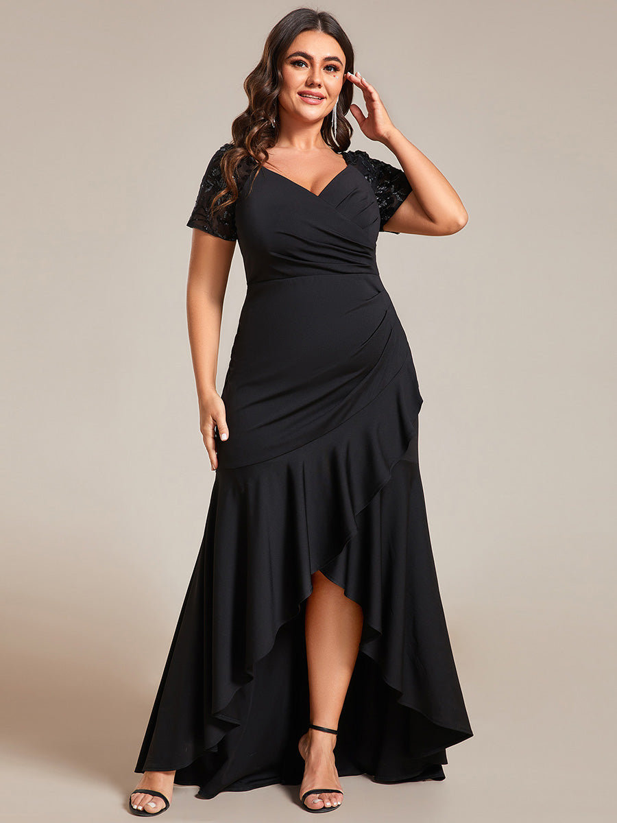 Color=Black | Plus Appliques High Split Fishtail Evening Dress With Short Sleeves-Black 11