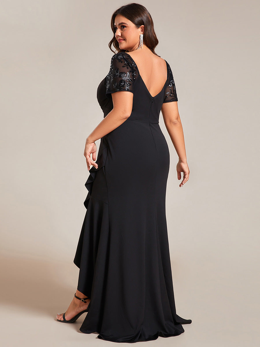 Color=Black | Plus Appliques High Split Fishtail Evening Dress With Short Sleeves-Black 9