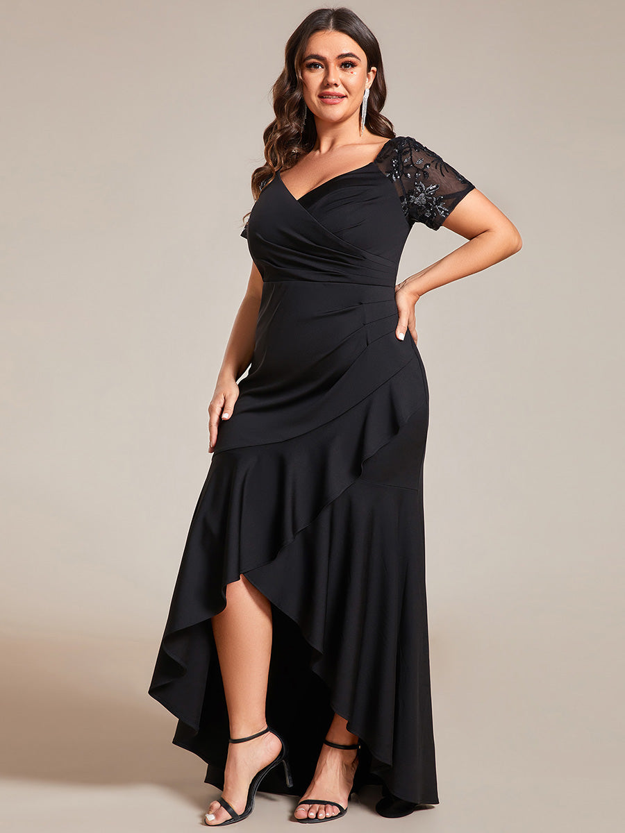 Color=Black | Plus Appliques High Split Fishtail Evening Dress With Short Sleeves-Black 7