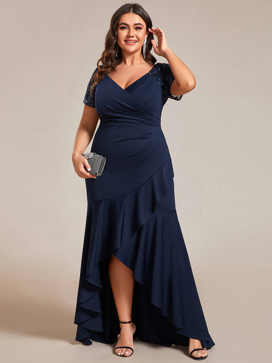 Color=Navy Blue | Plus Appliques High Split Fishtail Evening Dress With Short Sleeves-Navy Blue 