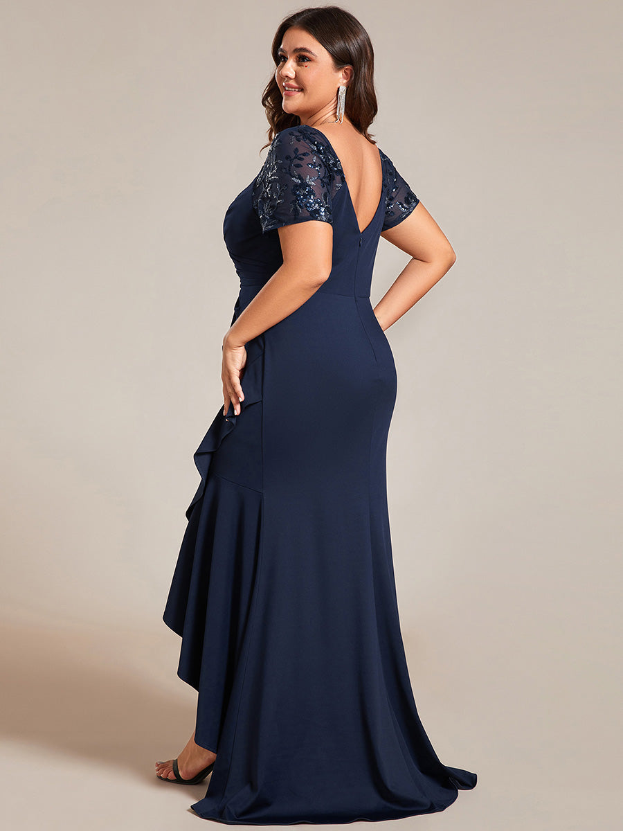 Color=Navy Blue | Plus Appliques High Split Fishtail Evening Dress With Short Sleeves-Navy Blue 