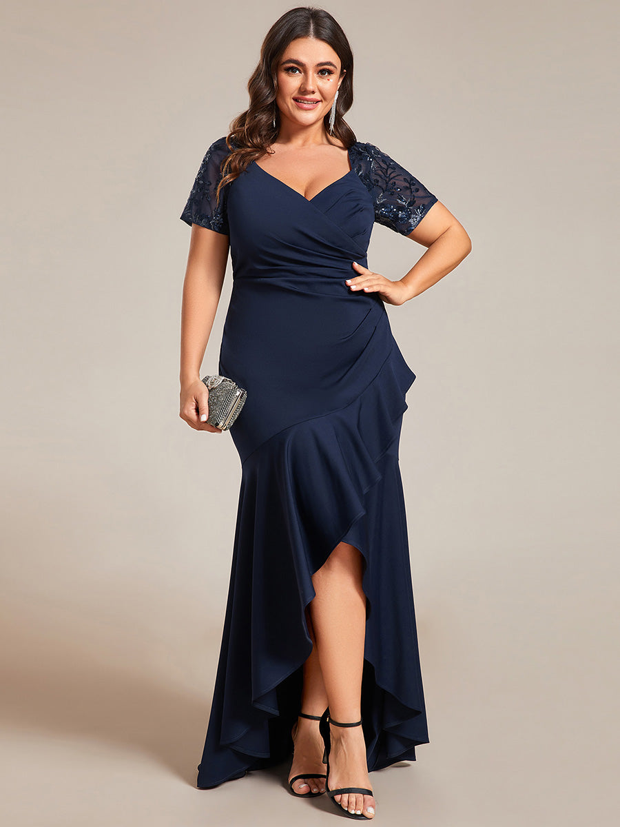Color=Navy Blue | Plus Appliques High Split Fishtail Evening Dress With Short Sleeves-Navy Blue 15
