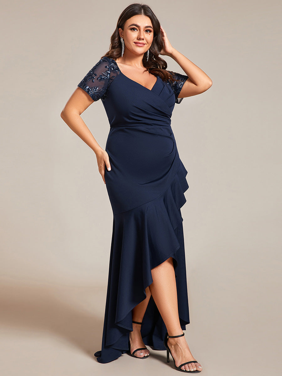 Color=Navy Blue | Plus Appliques High Split Fishtail Evening Dress With Short Sleeves-Navy Blue 14