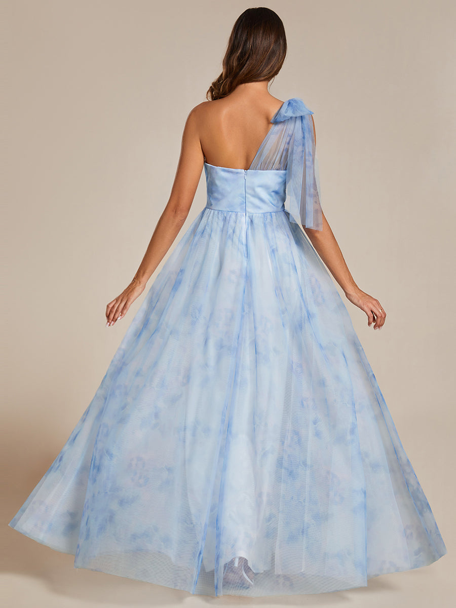 Color=Ice blue | Printed Bowknot Empire Waist Strapless Formal Evening Dress-Ice blue 2