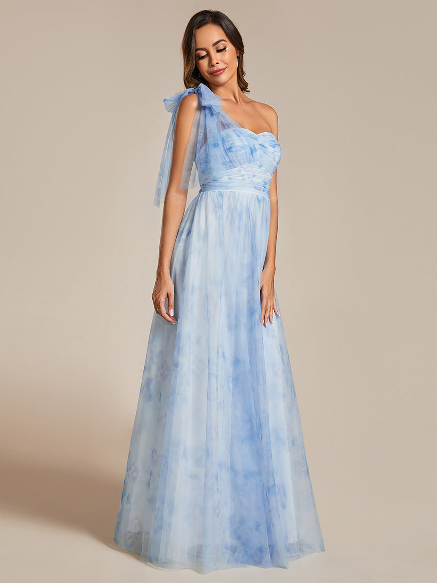Color=Ice blue | Printed Bowknot Empire Waist Strapless Formal Evening Dress-Ice blue 1
